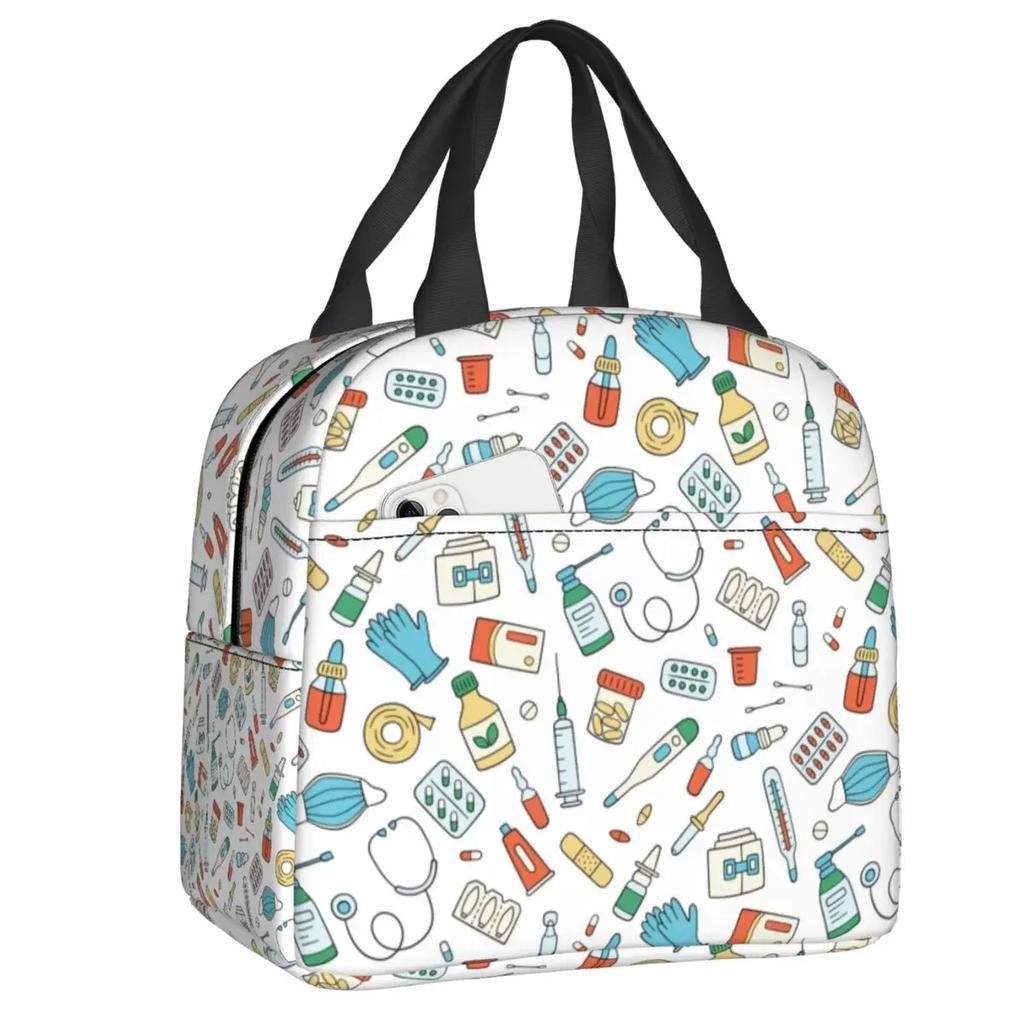 Nurse Tool Pattern Insulated Lunch Tote Bag for Women Nursing Resuable Thermal Cooler Food Lunch Box Work School Travel