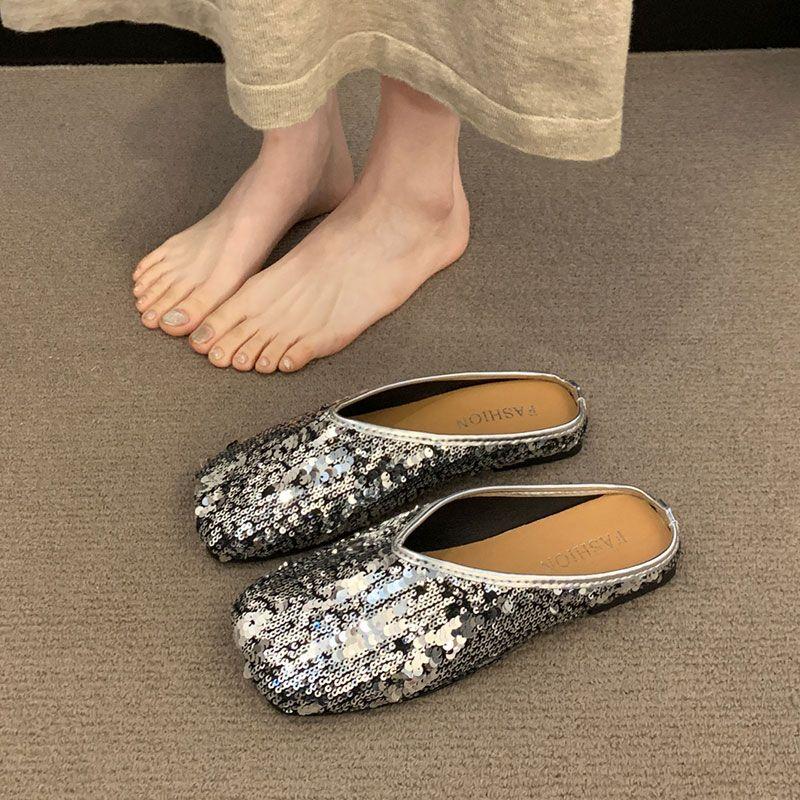Fashion Woman Mules Slippers Flat Silver Sandals Sequins Shoes for Women Pvc Korea Style Low Price Chic and Elegant Casual 39 New Slides