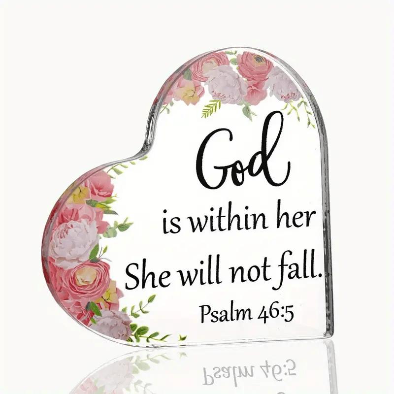 

1pc Inspirational Acrylic Heart-Shaped Plaque with Floral Design, Religious Decorative Statue for Home, Living Room, Table, with Faith Is Within Her 10*10cm