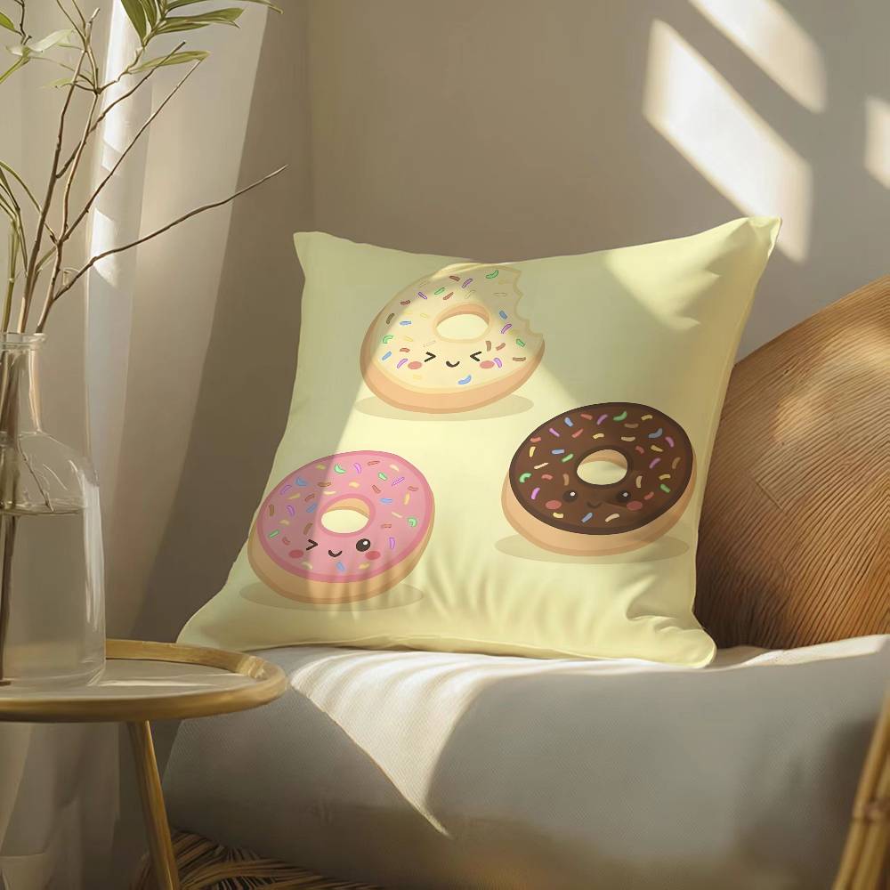 Food Lovers Cartoon Cute Donuts Pillow Case Silky Elegant Comfort Sofa Bed  Invisible Zipper Beach Pillowcase