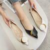 Flats Shoes Women Pointed Toe Soft leather Black Beige Lady Fashion Flats Round buckle Flat Sole Large Size 42 43