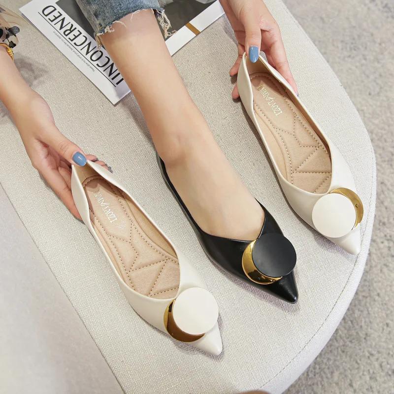 Flats Shoes Women Pointed Toe Soft leather Black Beige Lady Fashion Flats Round buckle Flat Sole Large Size 42 43
