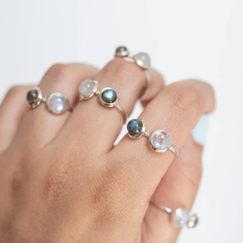 Labradorite Moonstone Round Gemstone Ring, Cabochon Ring, 925 Sterling Silver, Birthstone Ring, Stackable Ring, Christmas Gift