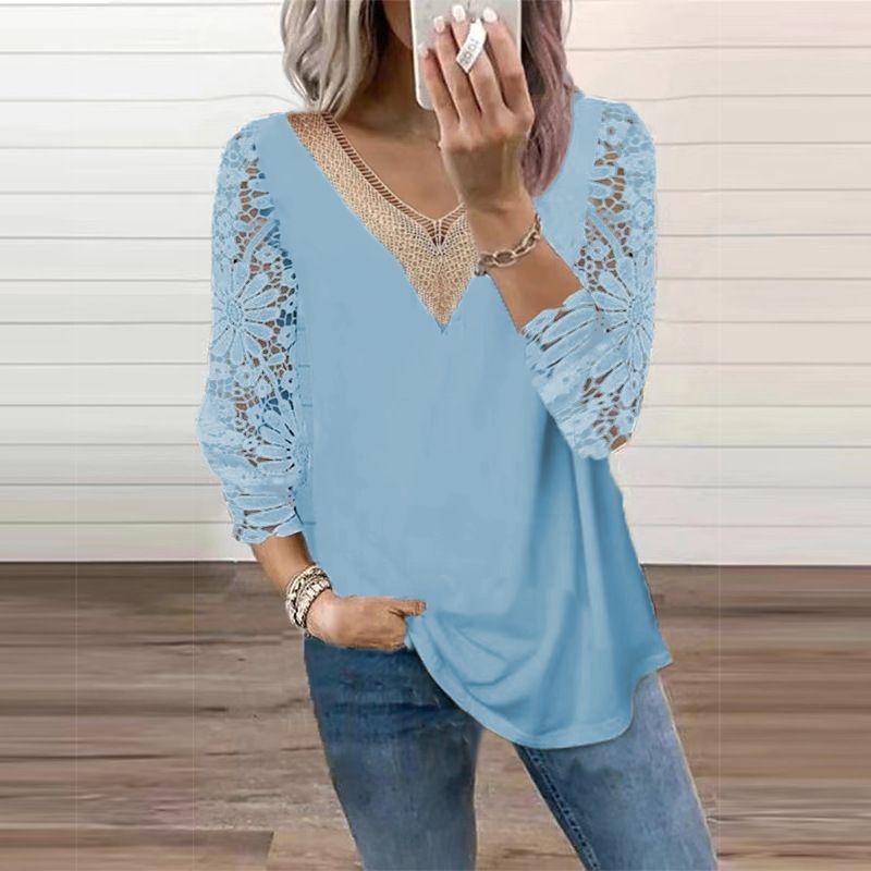 V-neck Patchwork Hollow Lace Sleeve TOPV Collar Patchwork Cut Out Lace Sleeve Tops