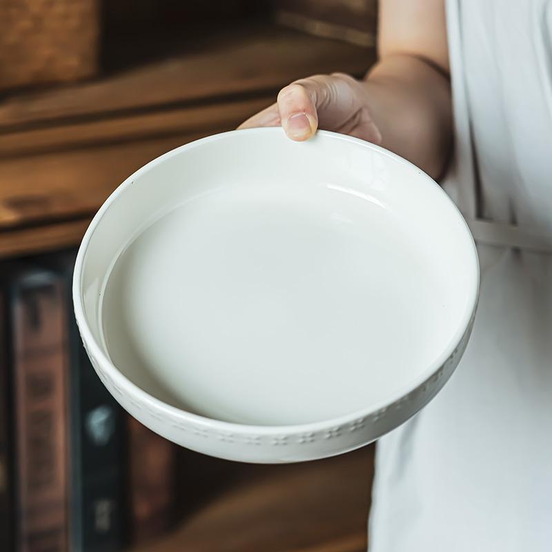 Premium Relief Shallow Bowl Household Ceramic White Bowl Solid Color Tableware Large Bowl Round Western Pasta Bowl Salad Bowl