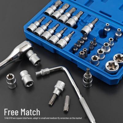 Set di bussole E-Type da 34 pezzi: 1/2" Fiore Torx, Esagonale, Spline Irregolare, 3/8" Inserto a Stella, 1/4"