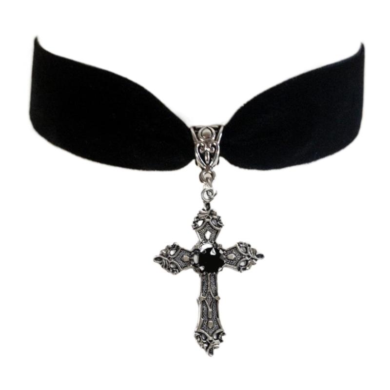 

Alloy Cross Pendant Necklace Retro Black Velvets Chain Gothic Halloween Jewelry for Women Girl Punk Clavicle Chain Party