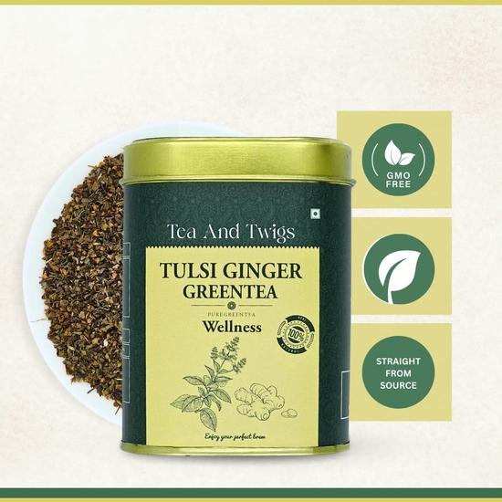 TEA AND TWIGS|Tulsi Ginger Green Tea- 15 Pyramid Tea Bags|100% Pure Ingredients - Tulsi, Ginger & Green Tea|Green Tea|110 Gram