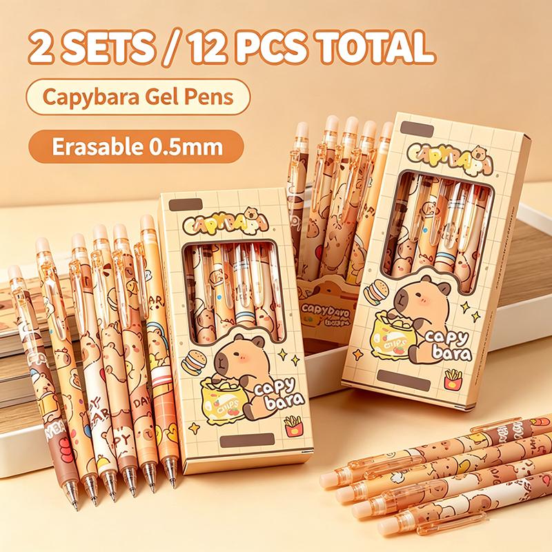 6Pcs Cute Capybara Erasable Gel Pens, 0.5mm Retractable Quick‑Drying Gel Ink Pens, Smooth Writing Blue Ink for School Office Stationery