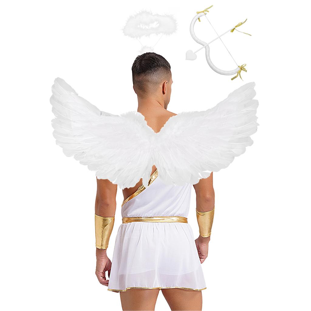 Mens Cupid Costume Set Romper Jumpsuit Detachable Sleeves Feather Angel Wings Headwear M Shaped Bow Heart Arrow