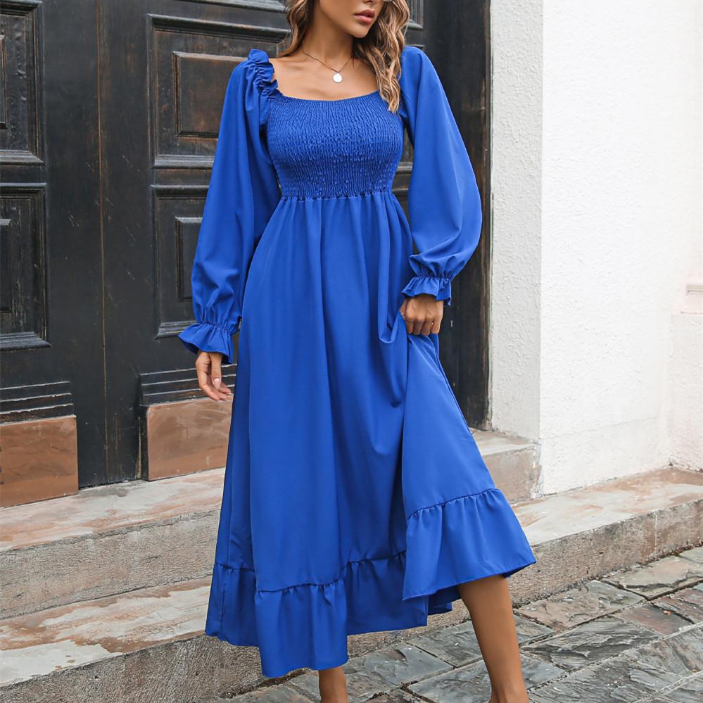 

QICED женские модные осенне-зимние однотонные повседневные платья с длинным рукавом и квадратным воротником с принтом XL синий