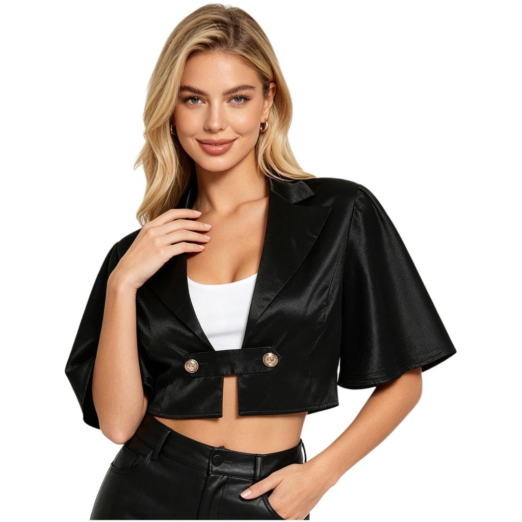 Women Satin Jacket Top Lapel Collar Flutter Sleeve Front Button Blouse Victorian Style for Casual Daily Party Wear