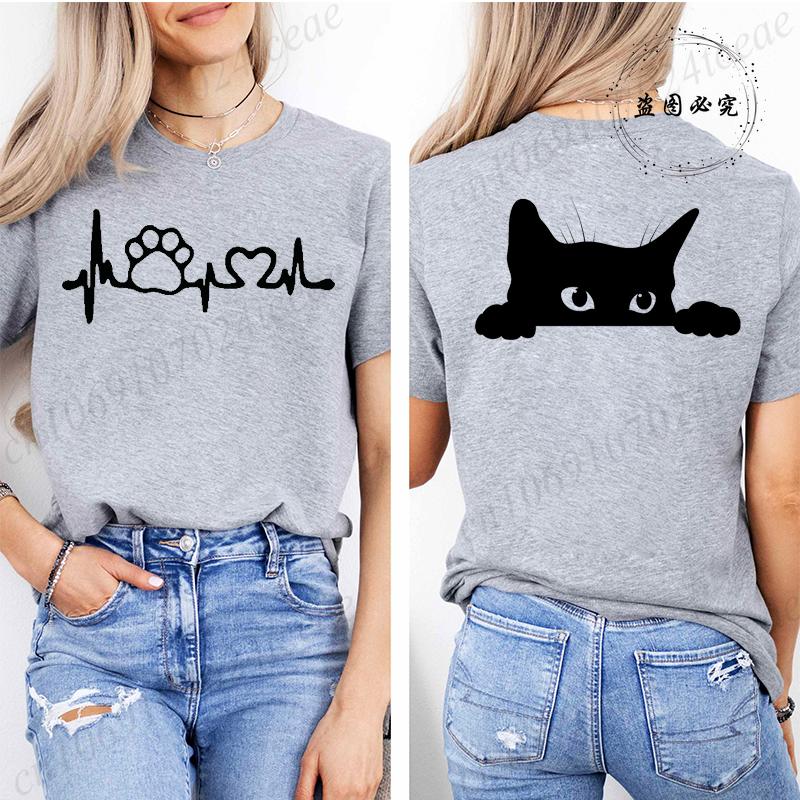 Cute Black Cat Print Crew Neck Womens TShirt Clothing Short Sleeve Casual Tee Tops for All Season Cat Lover Womens Clothing