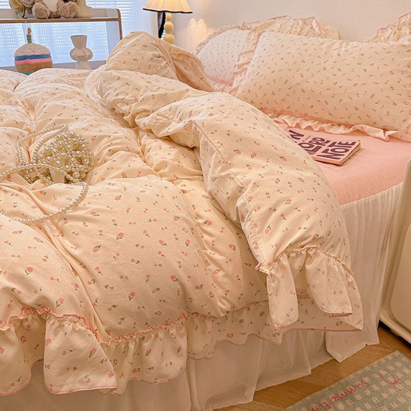 Sweet Flower Printed Bed Skirt Bedding Set Skin Friendly Cotton Nude Sleeping Comforter Set Class-A Twin Single Home Textile