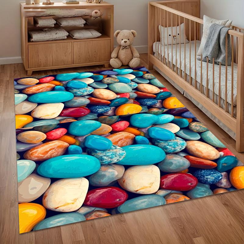 3D Pebble Pattern Area Rug, Colorful Stone Design Floor Carpet for Bedroom, Living Room, Kids Room, Non-Slip Decorative Mat