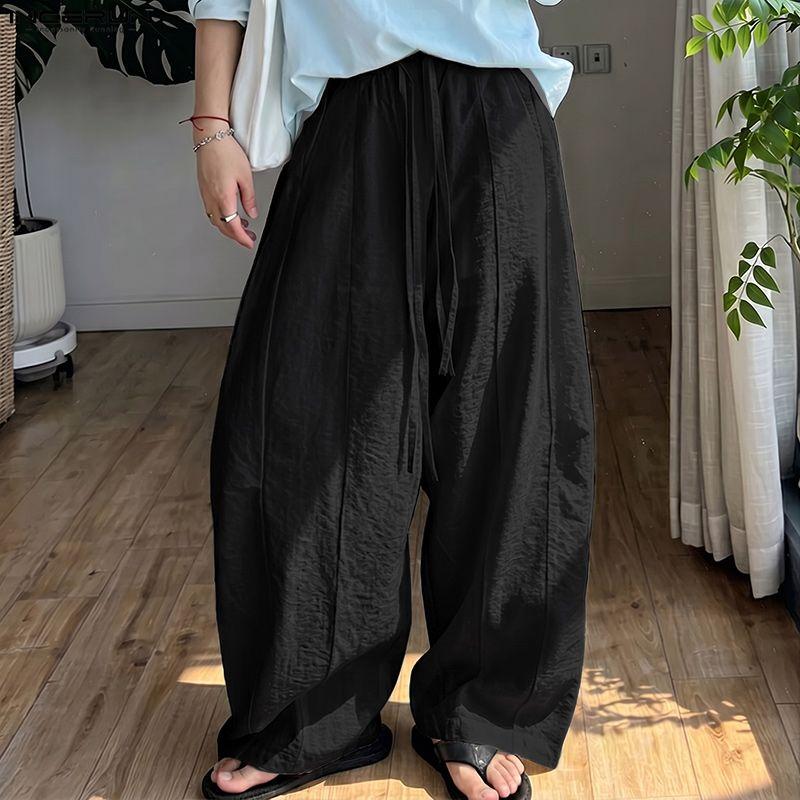 INCERUN Men Drawstring Elastic Waist Flimsy Drapey Casual Long Wide Leg Pants Trousers