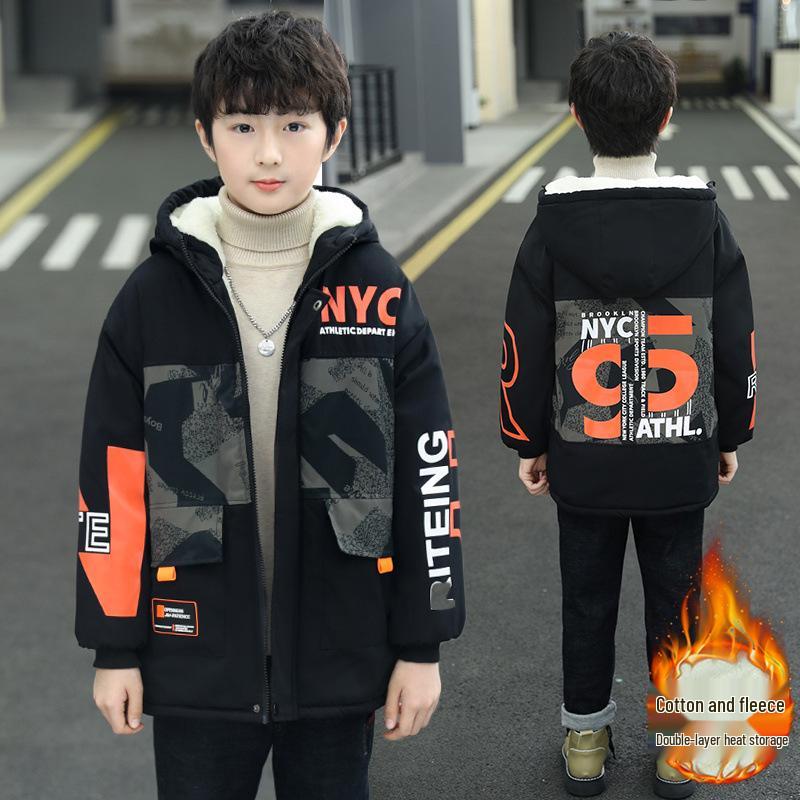Jungen 2025 Winter Fleecegefütterte Baumwolljacke - Verdickter Parka für mittlere und große Kinder, trendige Workwear-Jacke