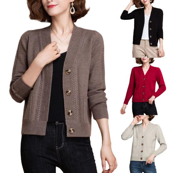 Women Knitted Cardigan Spring Autumn V Neck Button Closure Long Sleeves Solid Color Middle Age Ladies Coat Top Streetwear