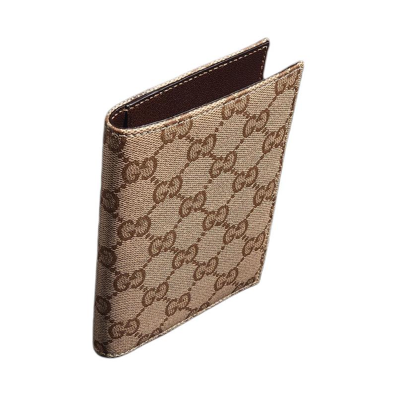 Gucci Gold Foil Stamped Logo Inside GG Coated Canvas Passport Bag for Women Sand and Dark Brown