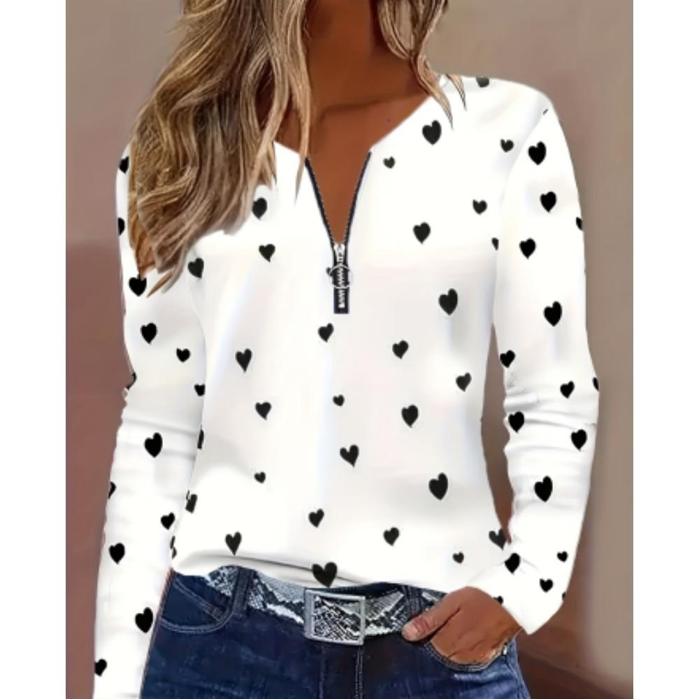 Autumn Zipper V Neck Long Sleeve Print Casual Top Women's Shirt Fashion Loose Blouses And Tops Female