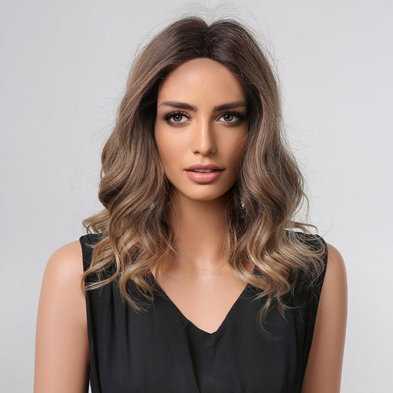 Shoulder Long Wave Ombre Brown Blonde Middle Part Wigs for Women Daily Cosplay Wigs High Temperature Synthetic Wigs