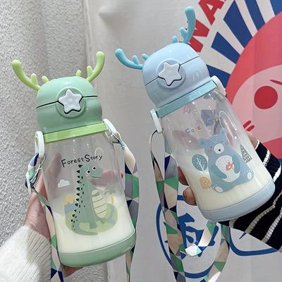 1 stück 600 ml Geweih Wasser Schnabeltasse Tragbare Kind Kreative Cartoon Mit Stroh Dicht Wasserflasche Outdoor Schule Kind Drinkware