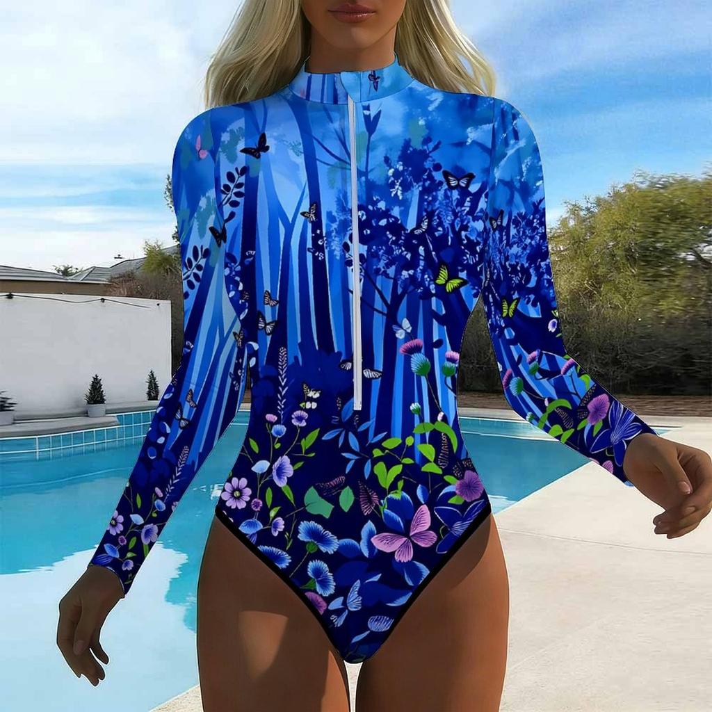 Women Long Sleeve One Piece Swimsuit Zip Front Flower Smudging Print Rash Guard Surfing Bathing Suit