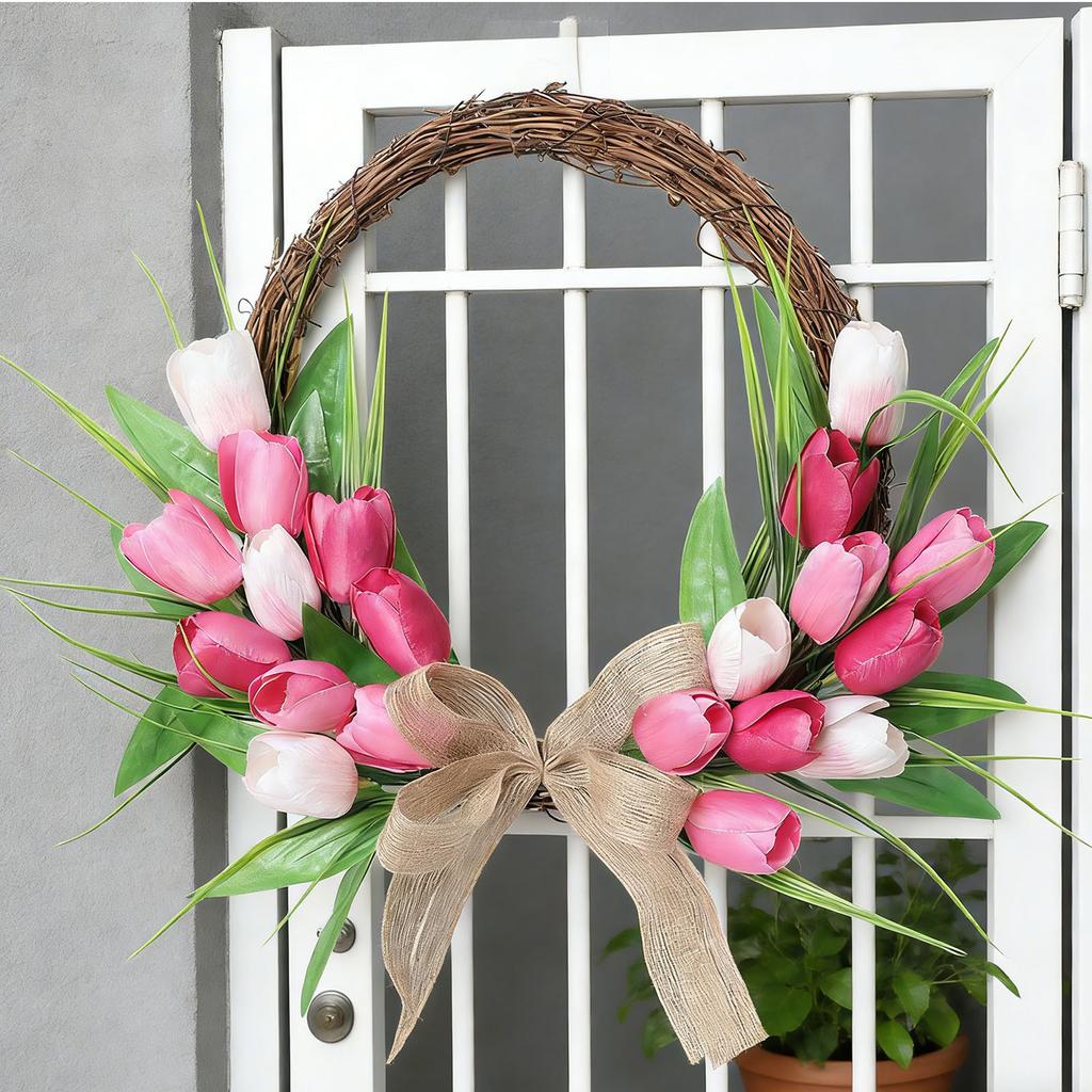 Flower Wreath Front Door Easter Wreath Fadeproof Artificial Spring Wreath for Indoor Outdoor Home Decor Red Pink White