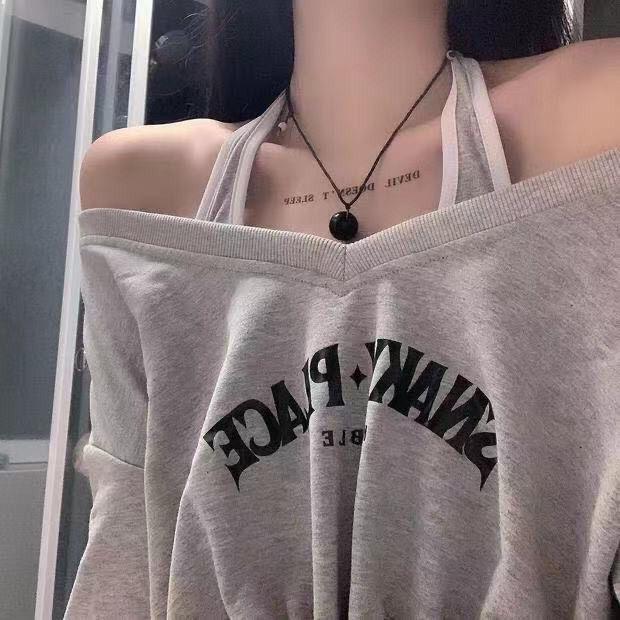 Korean Spring One-Shoulder Two-Piece: Long Sleeve Sweater & Navel-Length Halter Top