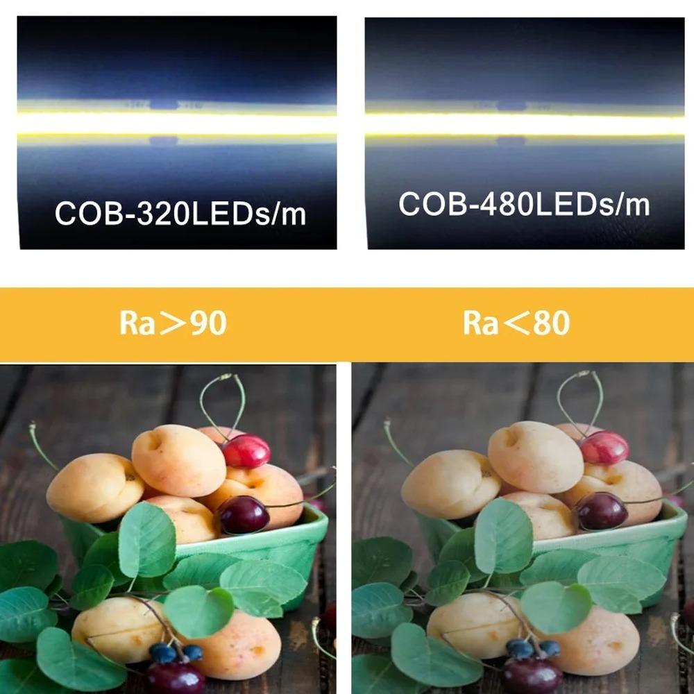 COB-LED-Streifenlicht, 320 480 LEDs/m, 16,4 Fuß, hochdichtes flexibles Bandband, 3000–6500 K, RA90-LED-Leuchten, DC12 V
