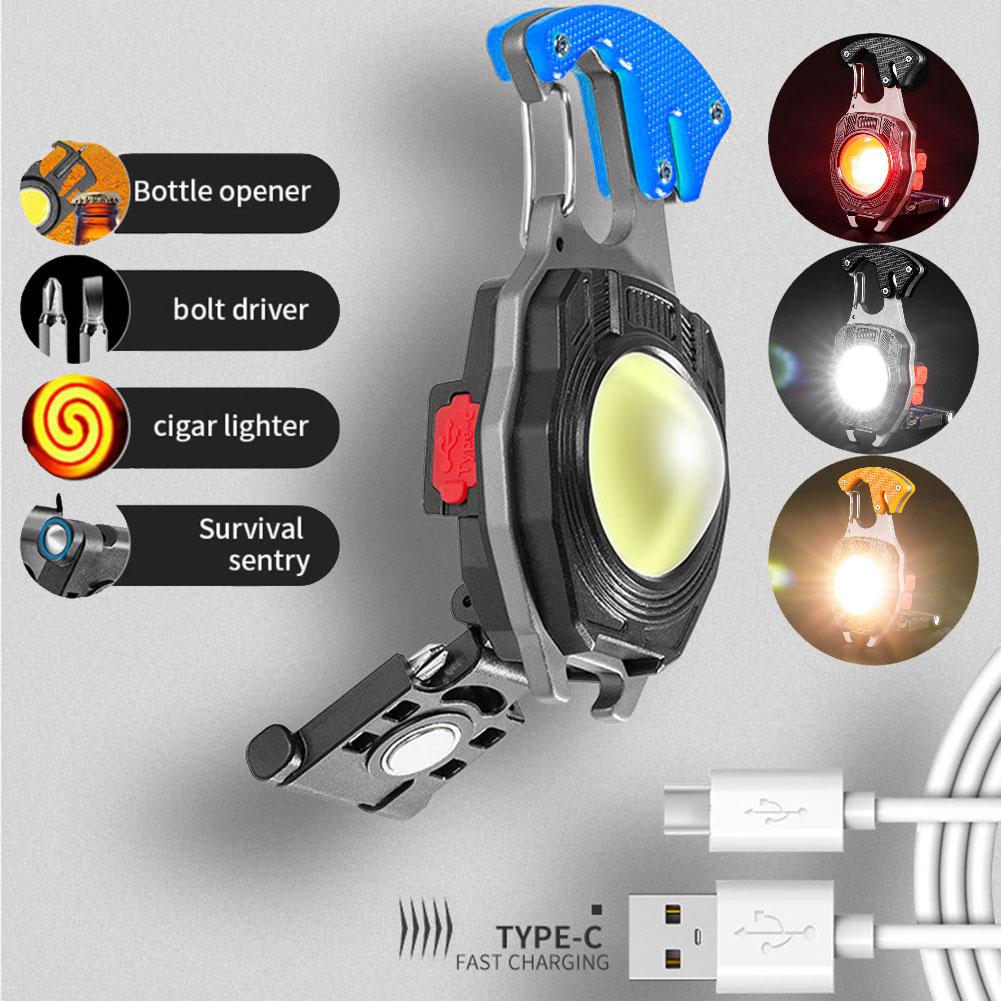 Mini LED Flashlight Work Light Portable Pocket Flashlight Keychains USB Rechargeable for Outdoor Camping Small Light Corkscrew