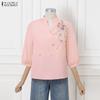 ZANZEA Women Casual V-Neck 3/4 Sleeve Loose Flora Print Blouse