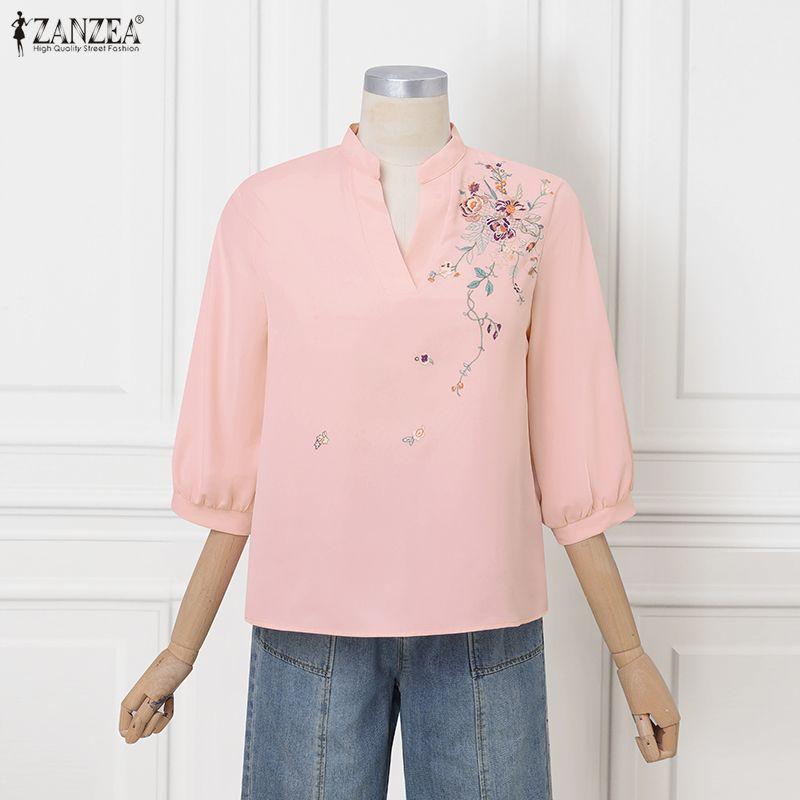 ZANZEA Women Casual V-Neck 3/4 Sleeve Loose Flora Print Blouse