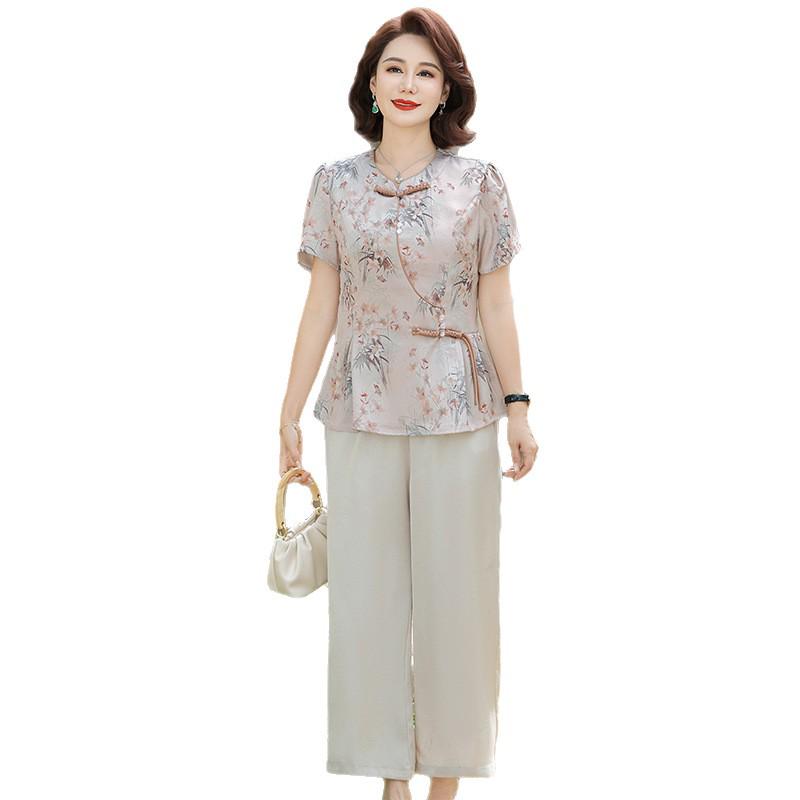Elegant Chinese Style Summer Fashion Set: Short Sleeve Top & T-shirt for Middle-aged and Elderly Women