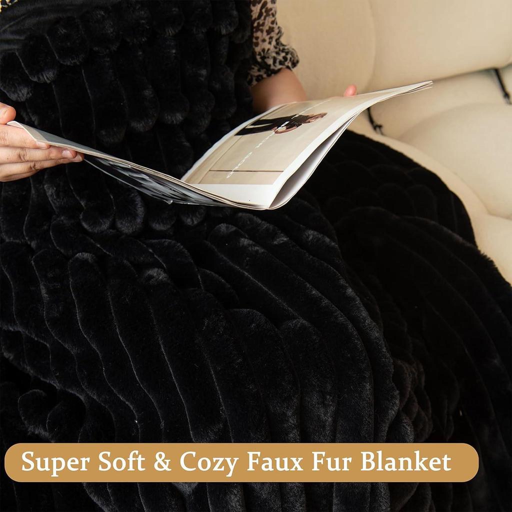 Ultra-Soft Faux Rabbit Fur Striped Throw Blanket - Double-Layered for Warmth, Ideal for Sofa or Bedroom.