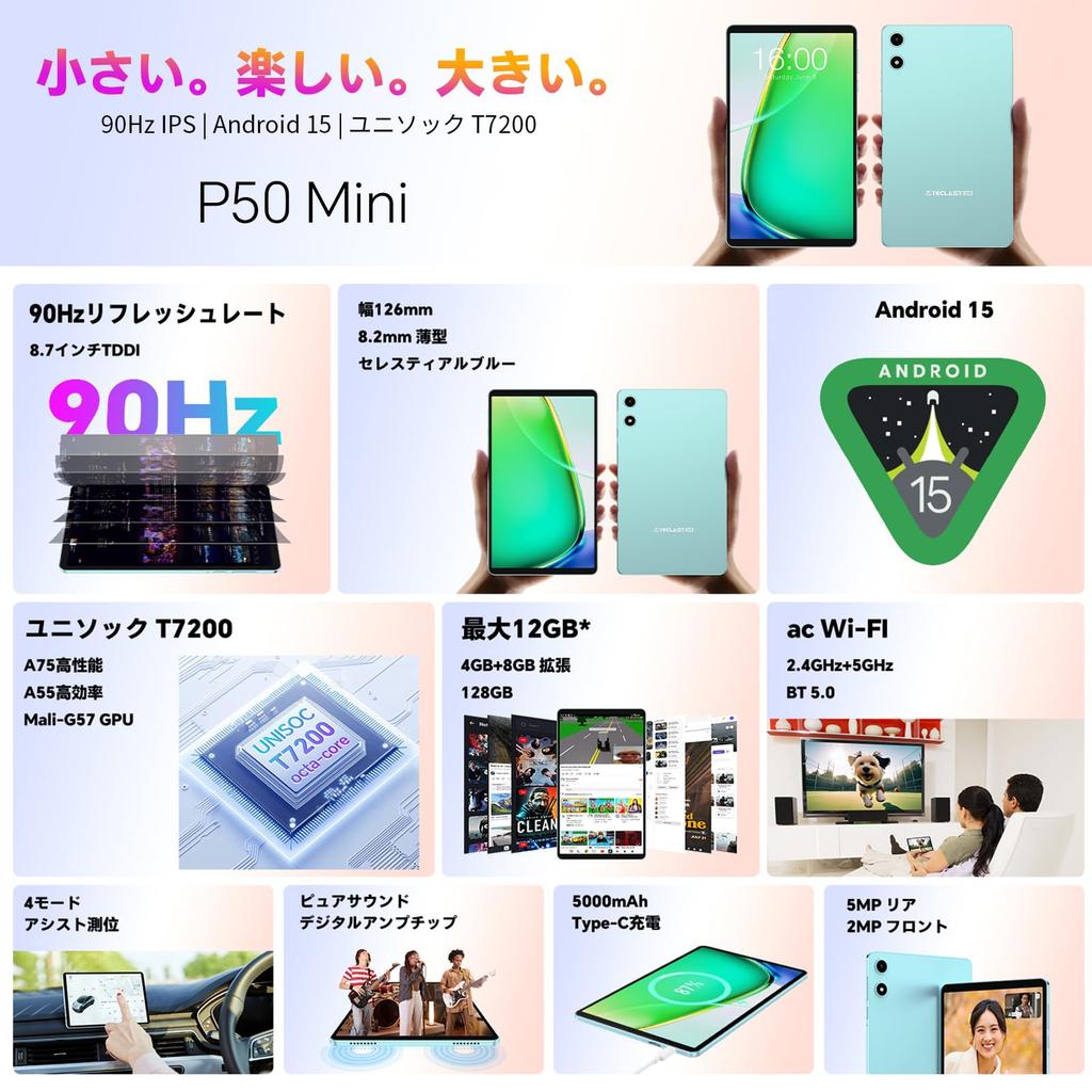 TECLAST P50Mini Android 15 90Hz High Refresh 12GB RAM 128GB T7200 At Widevine L1 Netflix Compatible GMS 5G WIFI 5000mAh GPS OTG Wireless Ideal for