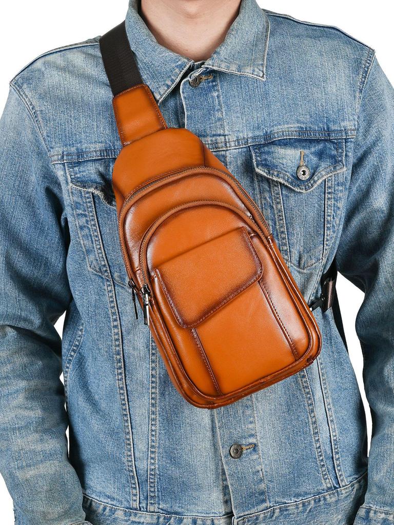 Men's Genuine Leather Chest Bag - Top Layer Cowhide, Crossbody, Fashionable, Retro, Versatile, High-End Style