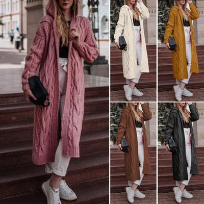 Women Cardigan Long Style Loose Fit Solid Color Hooded Front Open Warm Autumn Winter Twist Design Knit Coat for Daily Wear