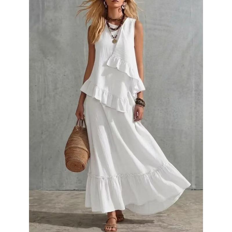 YYFS Abiti casual senza maniche con scollo a V e vita ampia, tinta unita, stampati, estivi e primaverili da donna