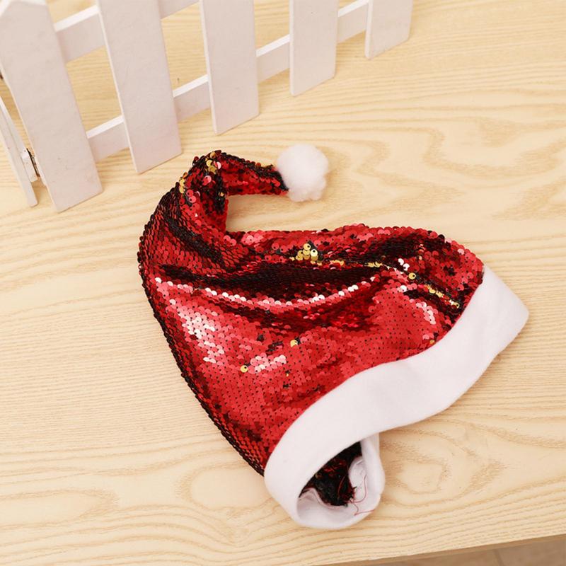 Christmas Sequin Hat for Adults Solid Color Sparkle Santa Cap with Bow Party Christmas Home Decor
