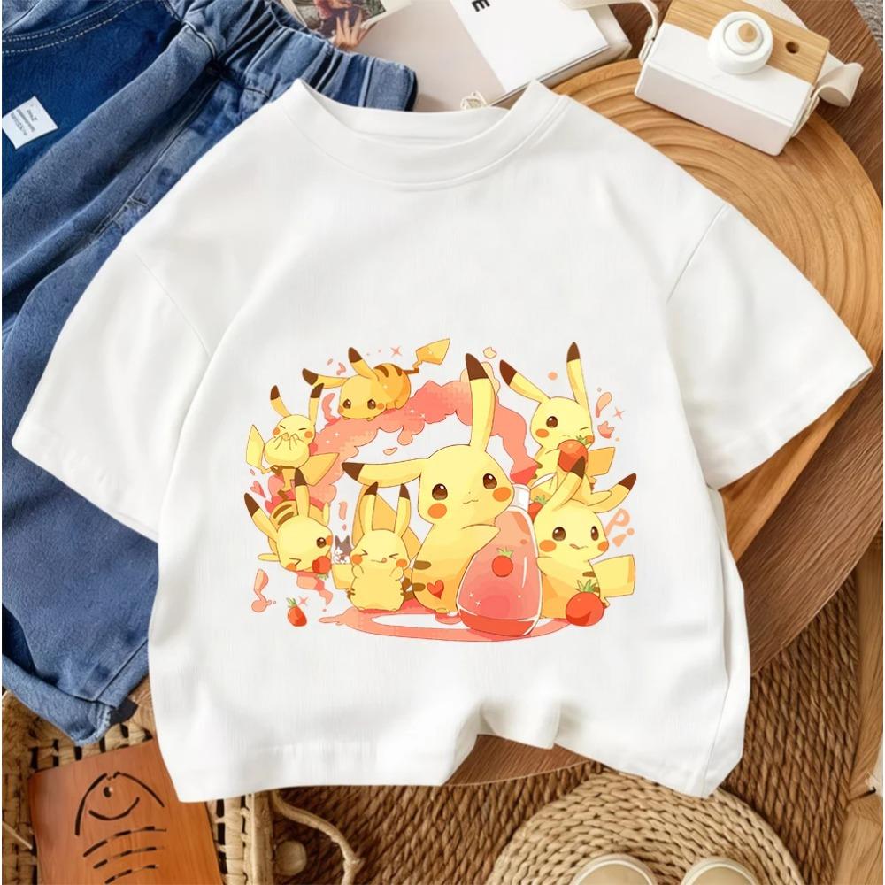 Children Fashion Street Tee Pikachu Cute Cartoon Print For Boys Girls Summer Casual Comfort Wear 3-14 Years