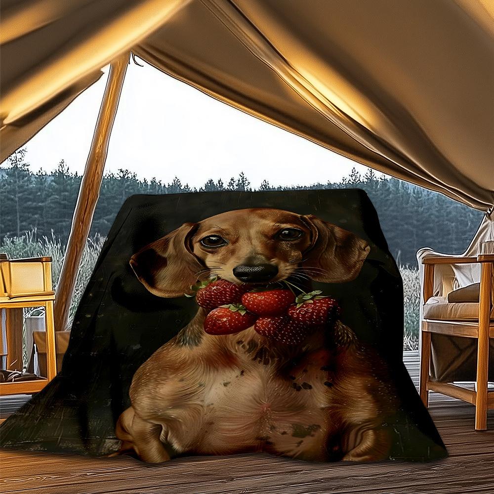 1pc Dachshund Strawberry Outdoor Soft Polyester Flannel Throw Blanket Versatile for All Seasons , Soft , Cozy , Warm All Season Quilted Throw ,