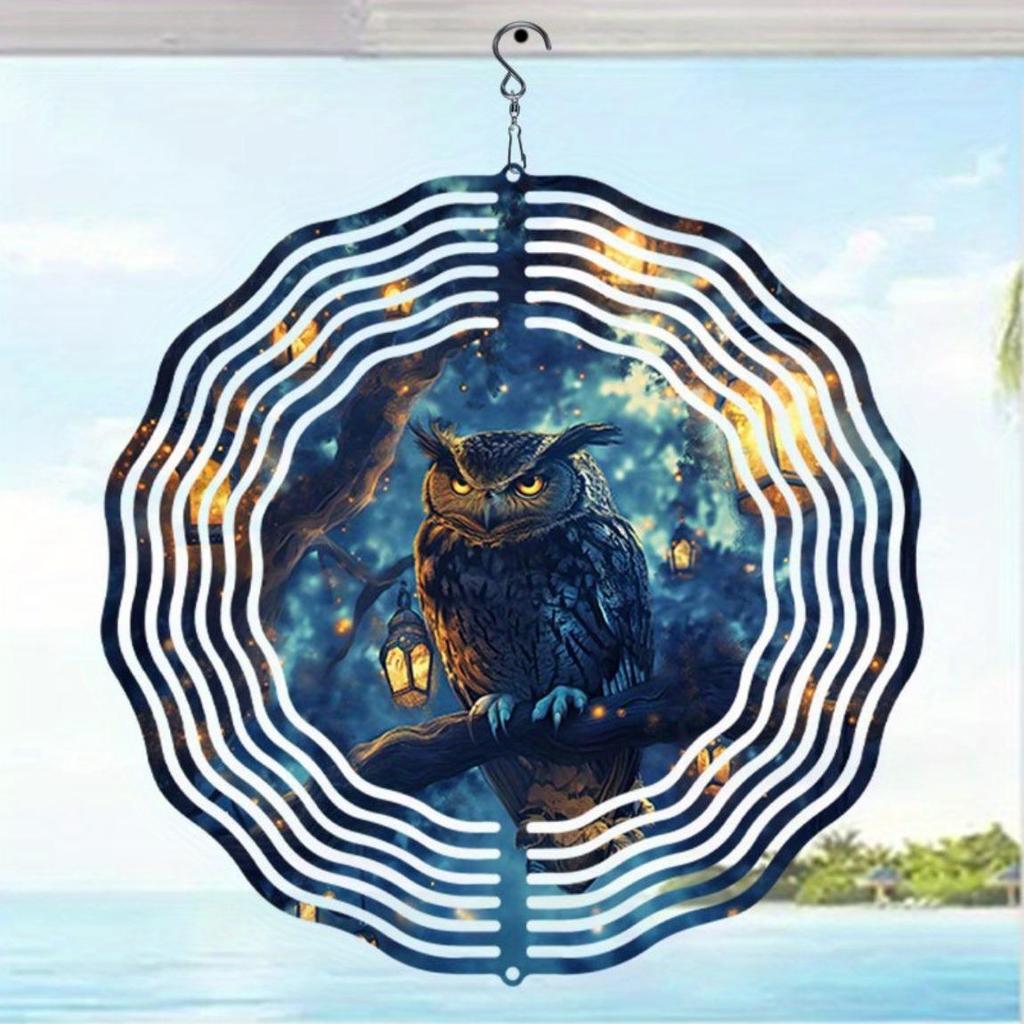 Metalowy dzwonek wietrzny sowa dekoracja ogrodowa ze spiralnym wzorem obrót w dwóch kierunkach bez baterii łatwa instalacja hak obrotowy 360 stopni na zewnątrz