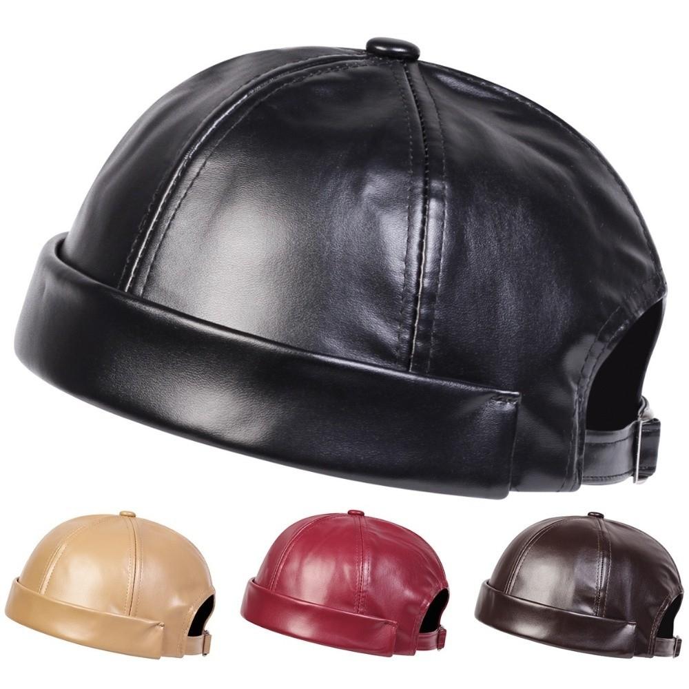 Lässiger Retro-Hut ohne Schirm PU-Leder Unifarbene Melonenmützen Verstellbare Docker-Mütze Unisex