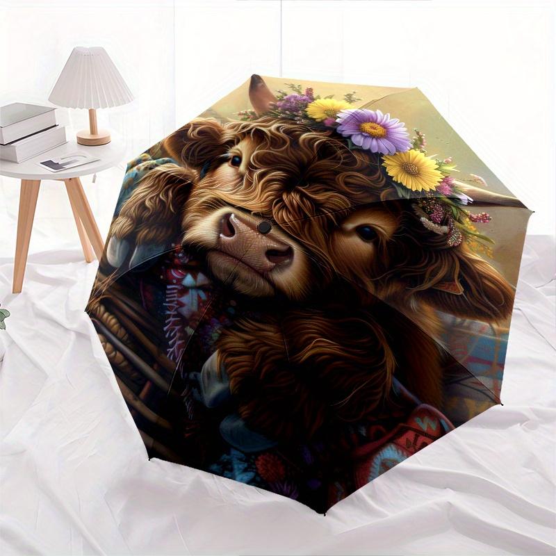 Cow, Floral Wreath Theme 8 Bone Hand Automatic Folding Umbrella, Compact and Portable Design, A Perfect Gift for Birthday, Christmas or Busi