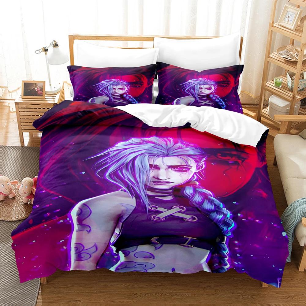 Arcane JinX Bedding Set 3D Anime Polyester Duvet Cover Sets Gift for Friends Queen King Size Bedding Sets Game Arcane Bedding