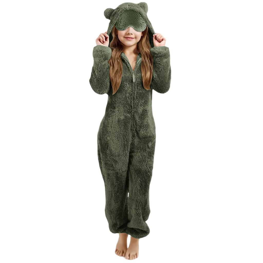Children's Fashion Solid Colour Autumn/Winter Plush Hooded Onesie Loungewear Pyjamas With Eye Mask