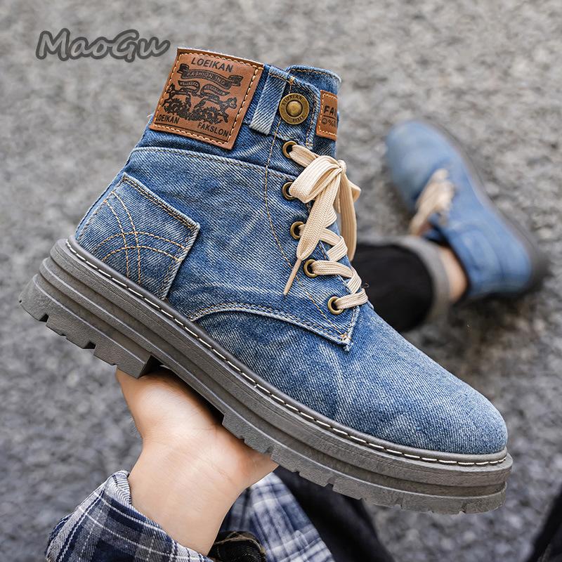 Fashion 2025 Autumn High Top Plus Size 39-48 Men's Boots Denim Blue Black Casual Boots British Lace Up Men Sneakers Botas Para Hombre
