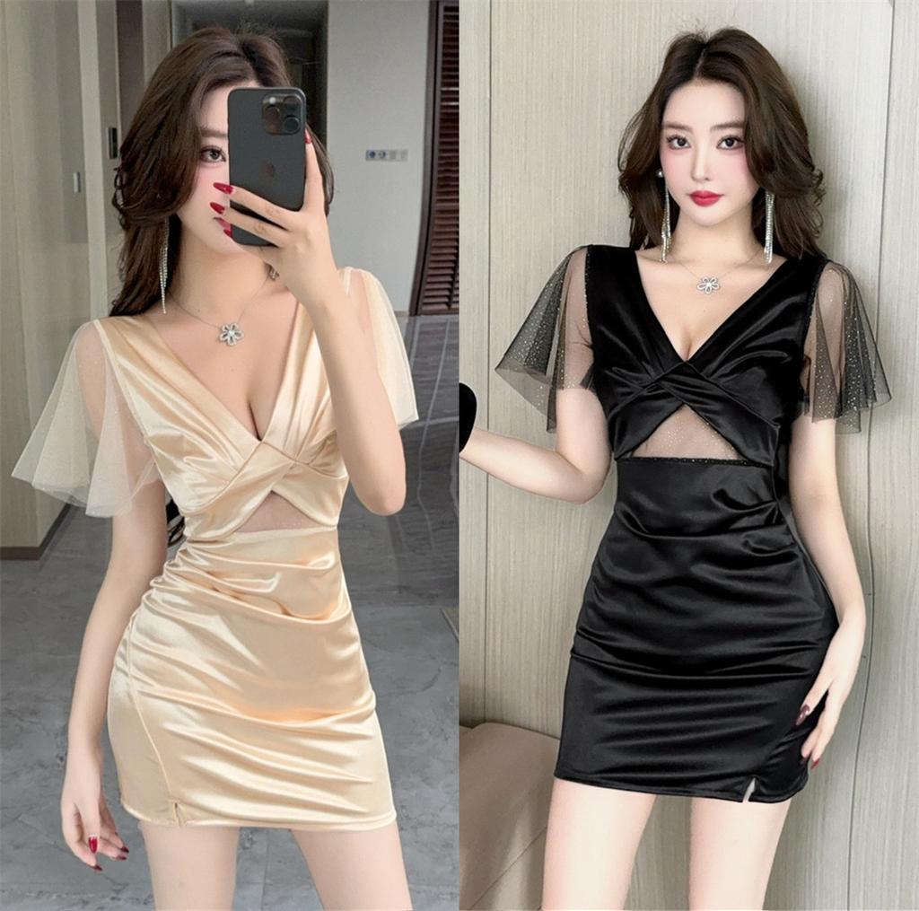 Black Short Sleeve V-Neck Dress Sexy Dress Female Slim Skinny Hip Skirt Foot Bath Massage Short Skirt