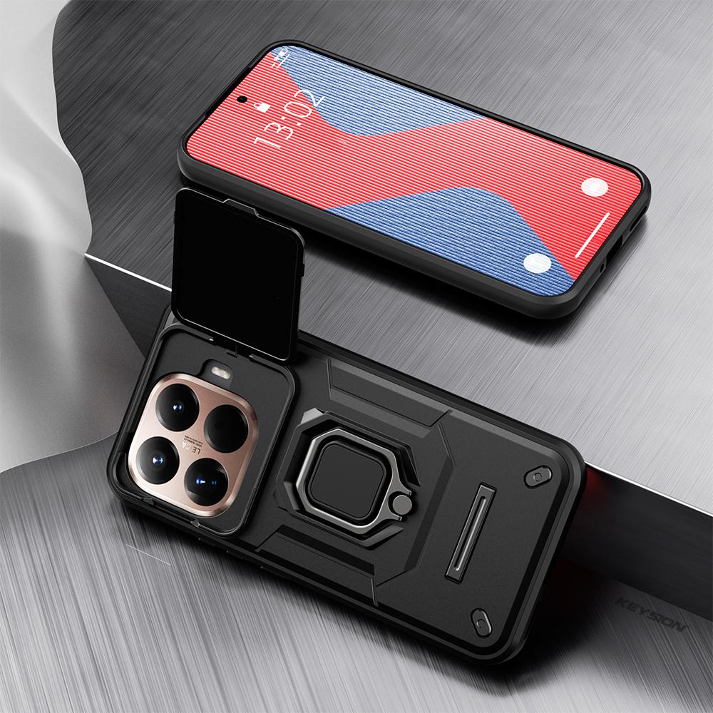 KEYSION Shockproof Armor Case for Xiaomi 15T Pro 5G Slide Camera Protection Metal Ring Stand Phone Back Cover for Xiaomi 15T 5G